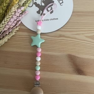 Prendedor de chupeta | estrelas verde água e rosa